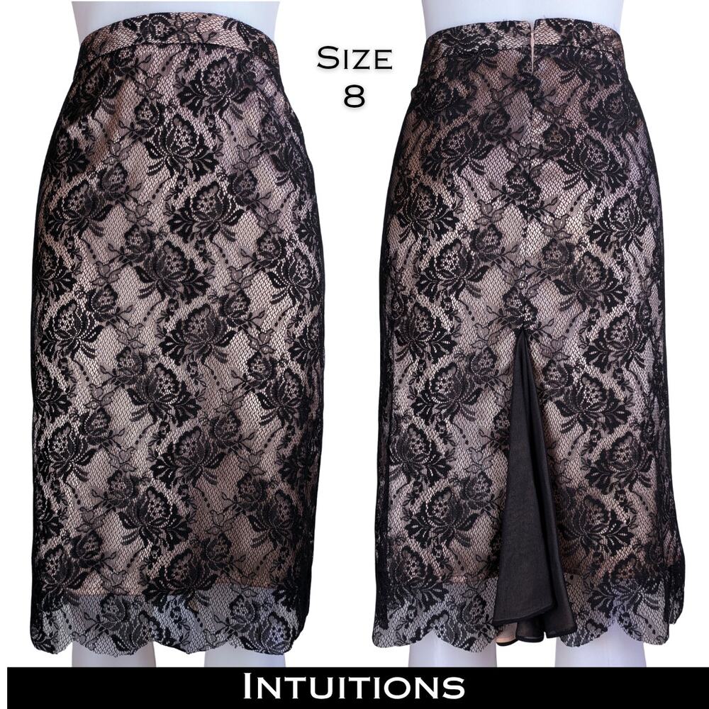 Intuitions Pencil Skirt 8 Black Floral Lace Overlay Pink Elegant Evening Party